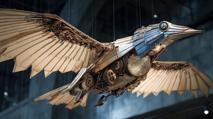 Mechanical Steampunk Bird Sculpture with Gears and Wooden Wings
