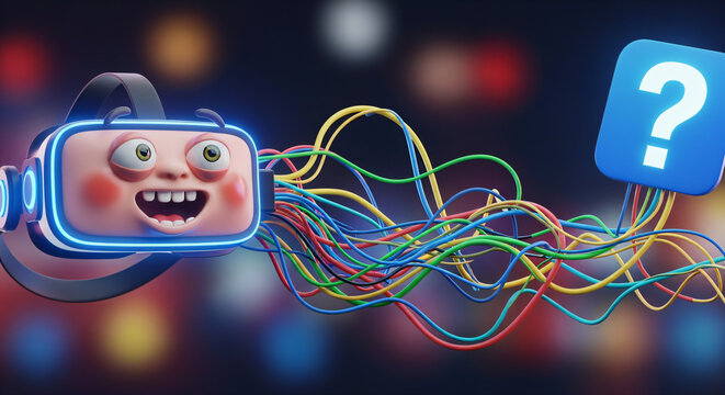 A 3D rendered image features a stylized, cartoonish face embedded in a virtual reality (VR) headset, connected to a floating blue cube with a white question mark by numerous colorful wires.