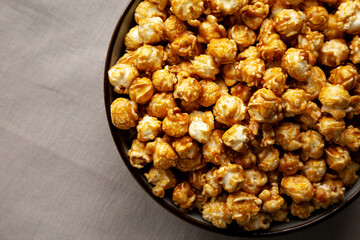 Homemade Caramel Pop Corn in a Bowl, top view.