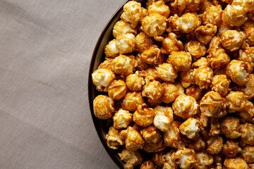 Homemade Caramel Pop Corn in a Bowl, top view.