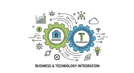 Business and technology integration represented by interlocking gears and abstract elements, isolated on white background