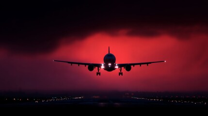 A dramatic sunset scene features an airplane landing amidst vibrant red skies. The image captures motion and the thrill of air travel. Ideal for travel blogs and aviation content. AI