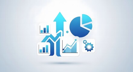 Financial growth and data analysis with charts, graphs, and upward arrow, isolated on white background
