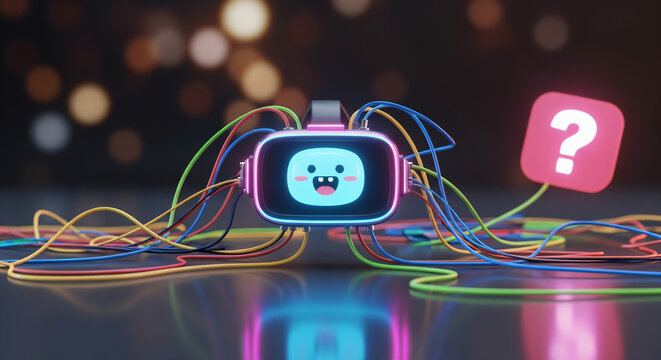 A highly detailed 3D render depicts a stylized virtual reality headset resting on a reflective, dark surface. It's illuminated from within by neon-like blue and pink light, giving it a vibrant glow.