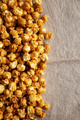 Homemade Caramel Pop Corn, top view. Space for text.