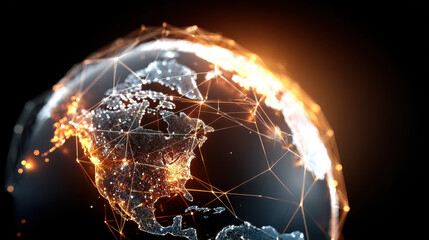 Ultra realistic glowing earth globe made of network lines showing North America with bright connection points and dark