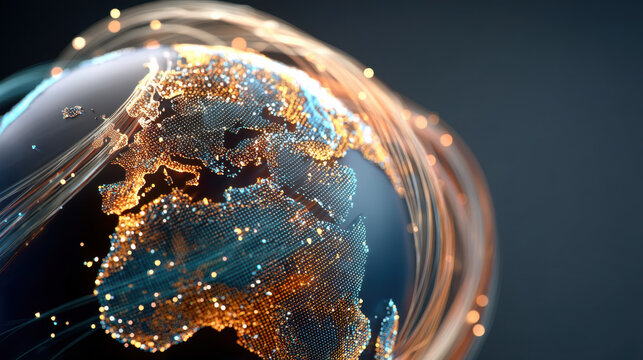 Ultra realistic glowing earth globe made of network lines with bright digital lights and data flow in dark background