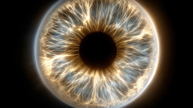 Ultra realistic glowing eye with network pathways inside iris creating bright and intricate light pattern