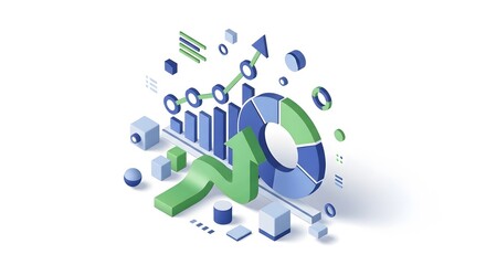 Isometric 3d graph and charts with rising arrow, isolated on white background