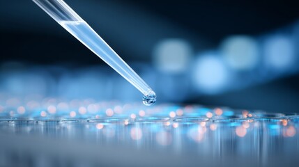 A close-up of a pipette dropping a small droplet of liquid onto a lit surface. This image captures precision and technique used in scientific experiments. Perfect for laboratory themes. AI