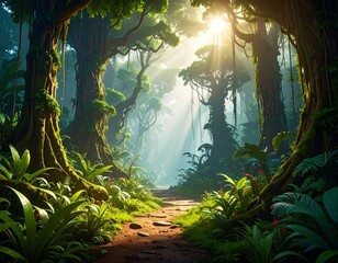 Lush, sunlit jungle path
