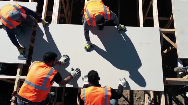 Construction workers carefully positioning a large wall panel during building assembly, working together.