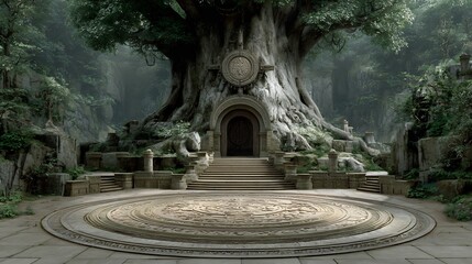 Ancient tree with grand temple entrance and intricate carved stone platform in a mystical forest.