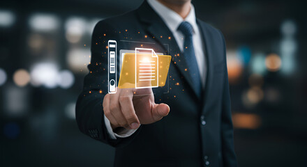 Businessman accessing digital documents and files on virtual interface