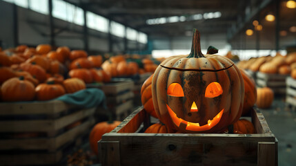 Shining carved Halloween pumpkins harvested in wooden boxes in a warehouse.