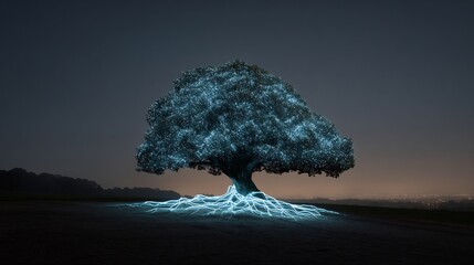 Futuristic glowing blue light tree with electric roots symbolizing energy, technology, and connectivity to a distant city skyline at dusk.