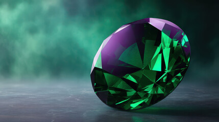 A stunning close-up of a large, flawless emerald gemstone resting on a dark surface with a smoky green background emphasizing its rich color and complex facets.