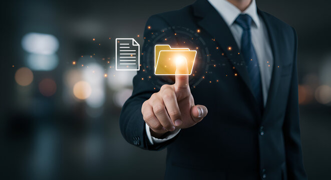 Businessman accessing digital documents with touch screen interface technology