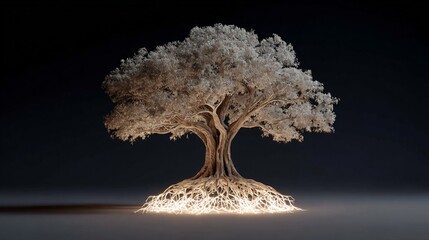 Mystical Tree with Luminous Roots Glowing Brightly on Dark Background