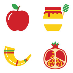 Rosh Hashanah symbols: an apple, honey, a shofar, and a pomegranate.