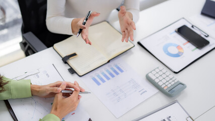 Business professionals partners discuss financial data analysis reports planning strategy collaboration office meeting room desk review