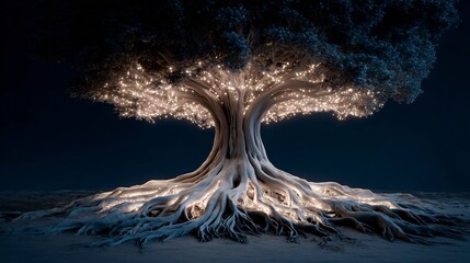 Ancient Tree with Glowing Lights and Exposed Roots in a Dark, Enchanted Night Setting