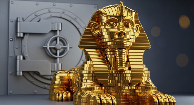 A highly detailed 3D rendering features a majestic golden sphinx statue positioned prominently in the foreground.