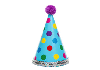 Isolated polka dot party hat with sequins and purple pom pom for celebration occasion