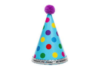 Isolated polka dot party hat with sequins and purple pom pom for celebration occasion