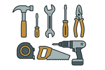 Fototapeta premium Essential set of construction, repair, and home improvement tools including hammer, wrench, and drill