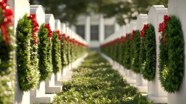 Beautiful wreaths are placed on graves to honor veterans, creating a touching holiday tribute