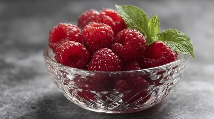 Fresh ripe raspberries and a mint leaf presented in a decorative glass bowl on a dark textured surface