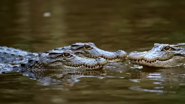 Two crocodiles rest in the water, with the crocodiles' eyes watchful and alert. The brown water reflects the crocodiles' shape as they remain partially submerged.