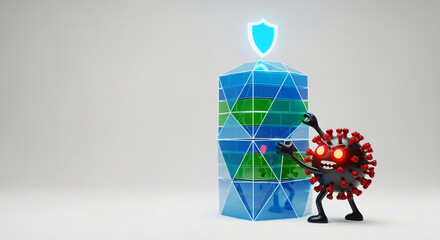 A 3D rendering shows a cartoon virus with glowing red eyes attempting to attack a protected structure, symbolizing malware and internet viruses in a device.