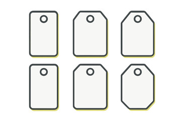 Six blank retail price tags and labels in various shapes with hole punch