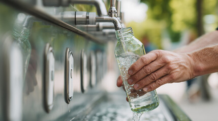 Hand refilling glass bottle at public water station.