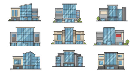 Set of modern commercial building facades with glass windows.