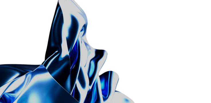 An abstract image featuring a dynamic composition of blue and white fabric, creating a sense of movement and fluidity. The white backdrop provid