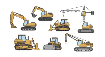 Set of heavy construction machinery vector illustrations.
