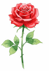 Naklejka premium Elegant Red Rose Watercolor Painting with Green Leaves on White