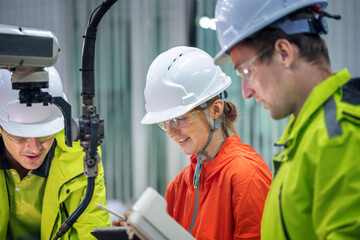 Three Engineers Teamwork Giving Explanation and Setting Up Robotic Equipment Engineers with Tablet and Gloves Checking a Robot System Professionals in Uniform Learning Robot Control and Operation