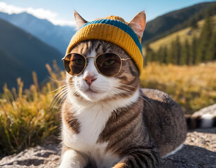 Cat wearing a beanie and sunglasses in the mountains. cat in snow