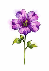 Naklejka premium Watercolor Hibiscus Flower Illustration with Vibrant Purple and Green Hues