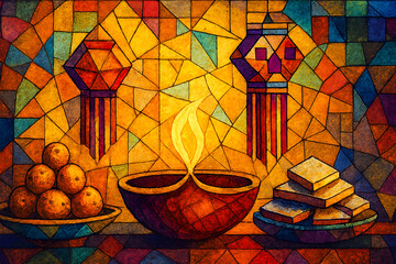 Stained Glass Diwali Scene with Diyas, Lanterns, and Sweets &ndash; Vibrant Festival Illustration