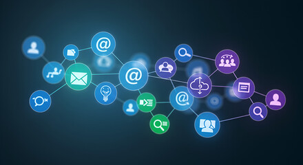 Network of Connected Digital Communication and Social Media Icons on Dark Background