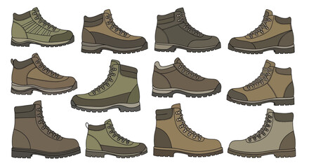 Set of twelve different hiking and trekking boots illustration.