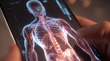 Close-up of Hand Holding Smartphone with Interactive 3D Human Anatomy Display