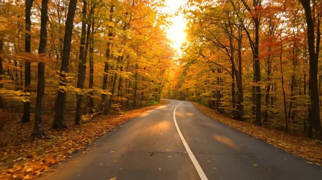 Autumn Road Through Warm Foliage - A winding road carves through a forest ablaze with warm-toned autumn foliage. Sunlight filters through the trees, illuminating the path ahead.