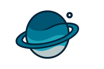 Stylized blue planet with prominent rings and a small moon orbiting in deep space