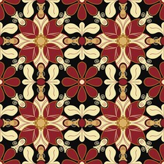 seamless pattern with flowers,yellow, red curves,painted create to flower shape,leaves with black background in geometric patterns as sarong,fabric,tile,printed fabric,batik,tablecloth patterns.